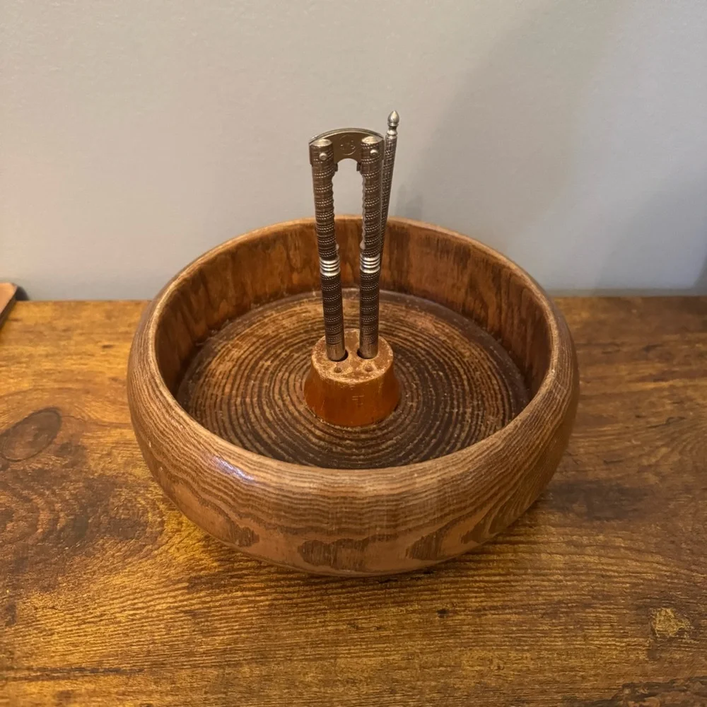 Vintage Wooden Nut Bowl With‎ Nutcracker And Pick Mid Century Barware Set